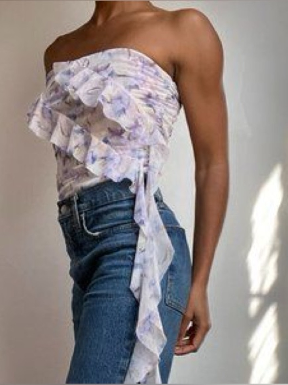 NWOT Zara floral tulle bandeau strapless ruffle top. Size Medium